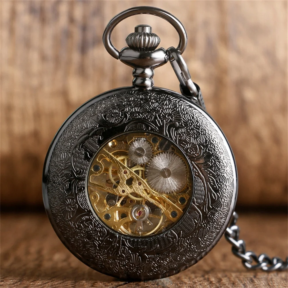 Steampunk Vintage Mechanical Pocket Watch Transparent Hollow Gearwheel Design Men's Hand Winding Pendant Chain Pocket Clock Male