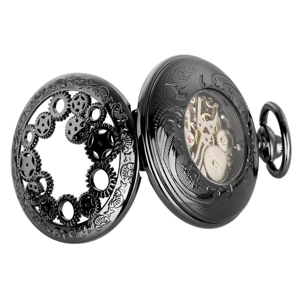 Steampunk Vintage Mechanical Pocket Watch Transparent Hollow Gearwheel Design Men's Hand Winding Pendant Chain Pocket Clock Male
