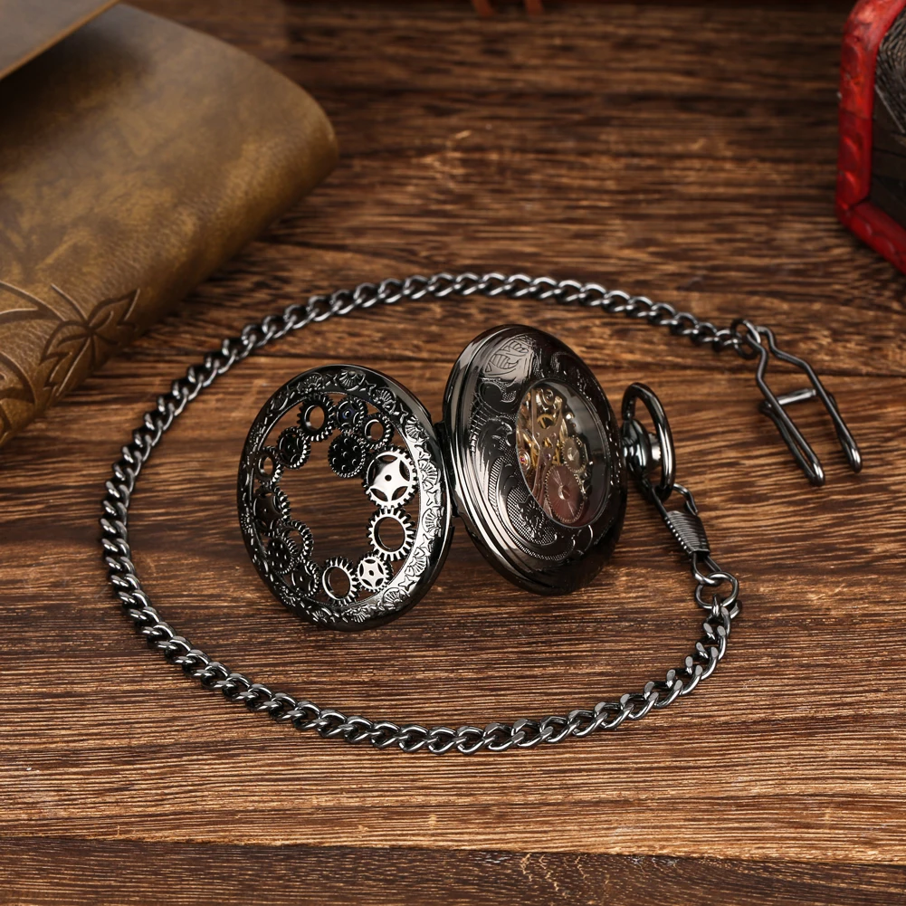 Steampunk Vintage Mechanical Pocket Watch Transparent Hollow Gearwheel Design Men's Hand Winding Pendant Chain Pocket Clock Male