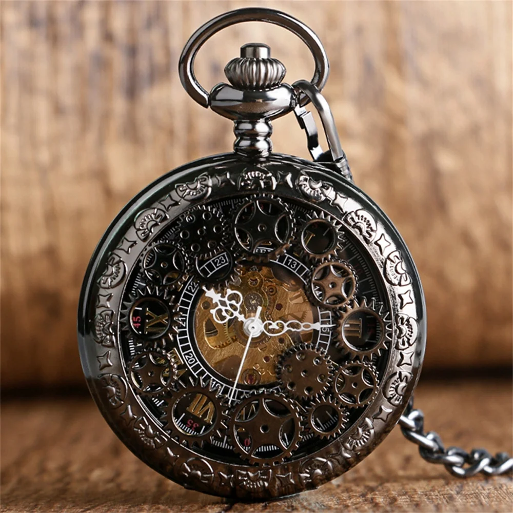 Steampunk Vintage Mechanical Pocket Watch Transparent Hollow Gearwheel Design Men's Hand Winding Pendant Chain Pocket Clock Male