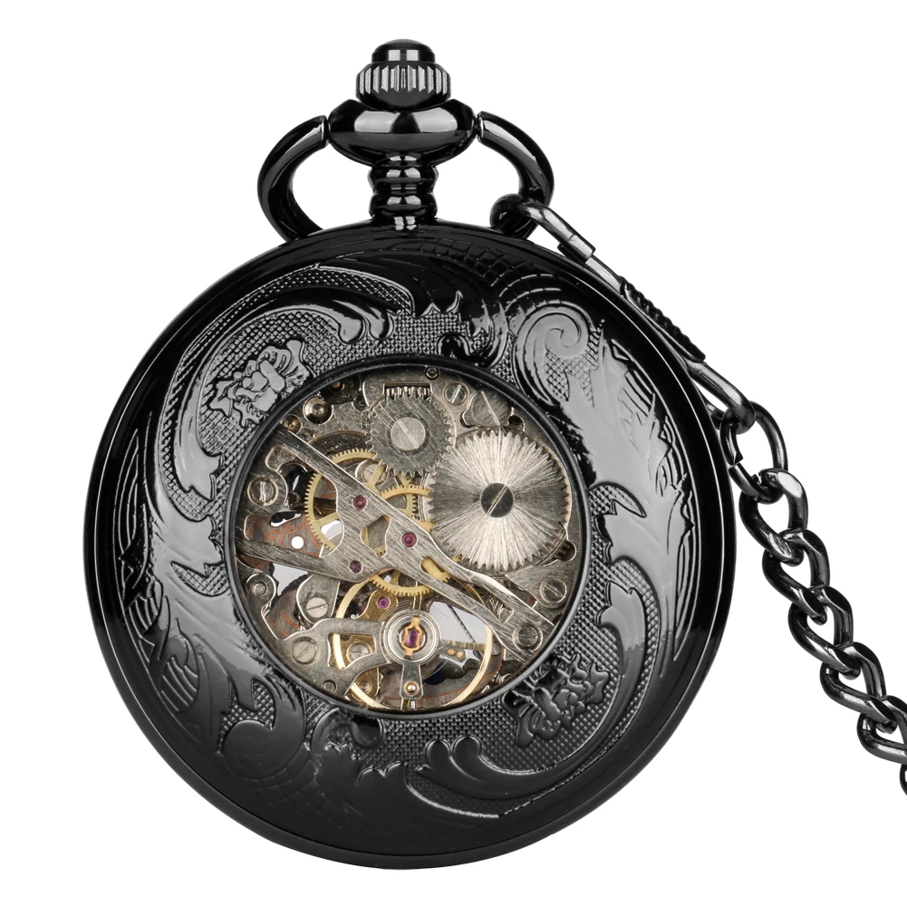 Steampunk Vintage Mechanical Pocket Watch Transparent Hollow Gearwheel Design Men's Hand Winding Pendant Chain Pocket Clock Male
