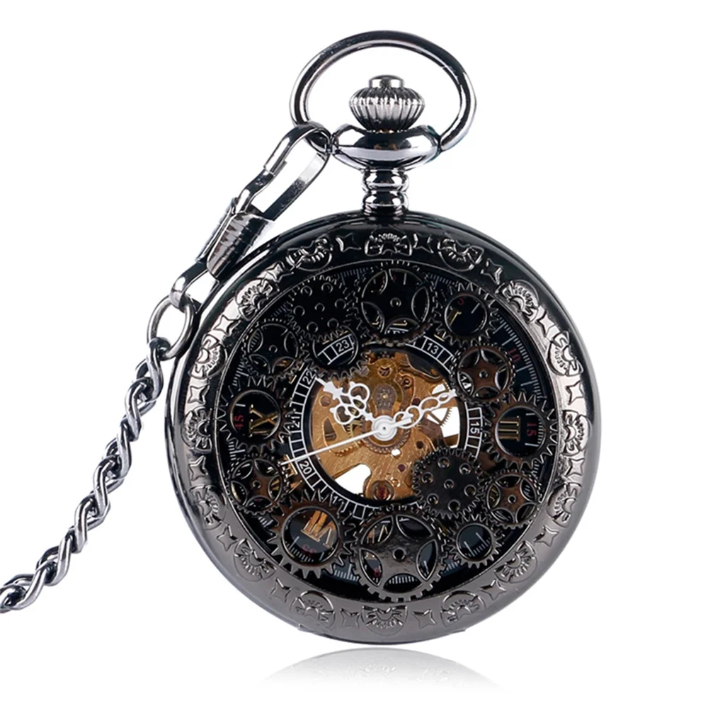 Steampunk Vintage Mechanical Pocket Watch Transparent Hollow Gearwheel Design Men's Hand Winding Pendant Chain Pocket Clock Male