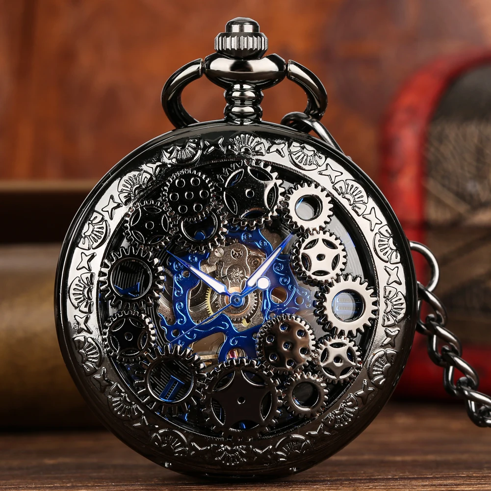Steampunk Vintage Mechanical Pocket Watch Transparent Hollow Gearwheel Design Men's Hand Winding Pendant Chain Pocket Clock Male