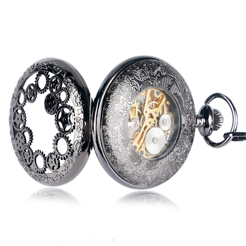 Steampunk Vintage Mechanical Pocket Watch Transparent Hollow Gearwheel Design Men's Hand Winding Pendant Chain Pocket Clock Male