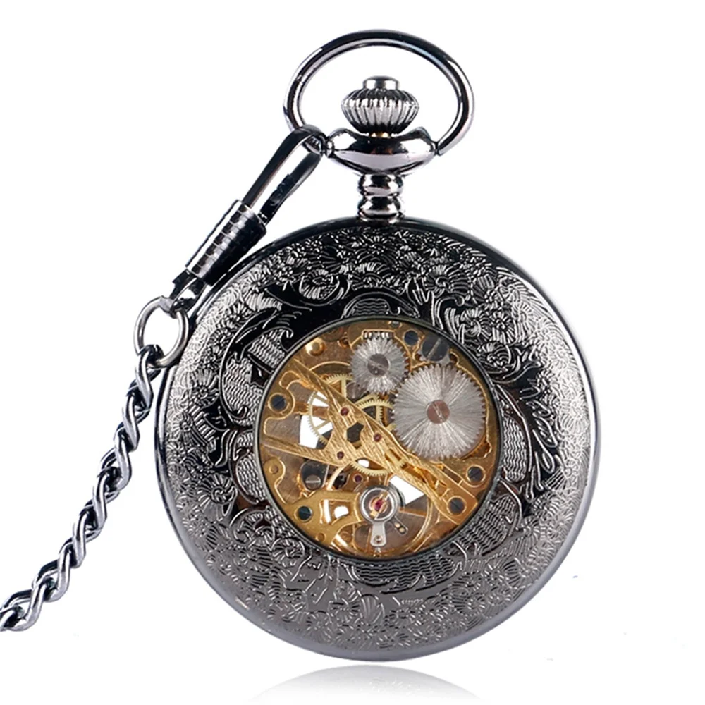 Steampunk Vintage Mechanical Pocket Watch Transparent Hollow Gearwheel Design Men's Hand Winding Pendant Chain Pocket Clock Male