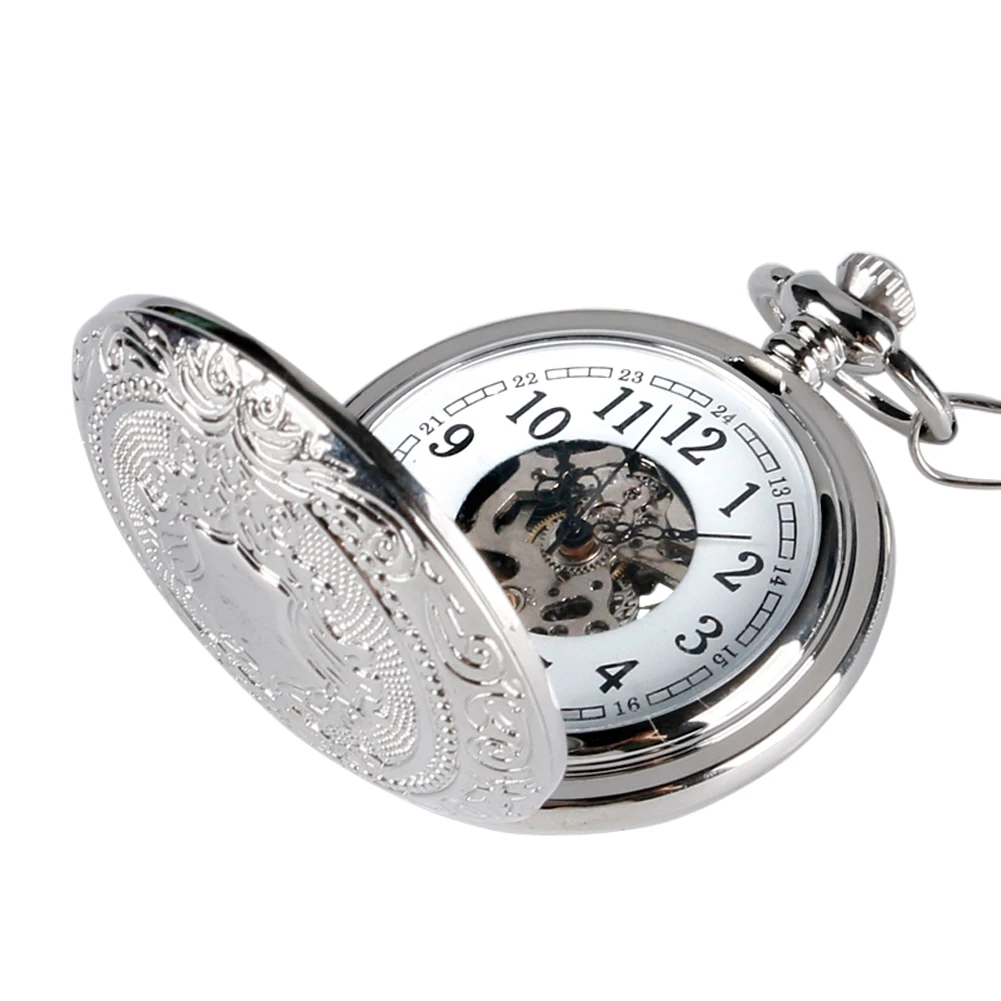 Vintage Elegant Silver Manual Mechanical Pocket Watch Men's Fob Chain Arabic Numerals Dial Pendant Pocket Clock Retro Gift Male