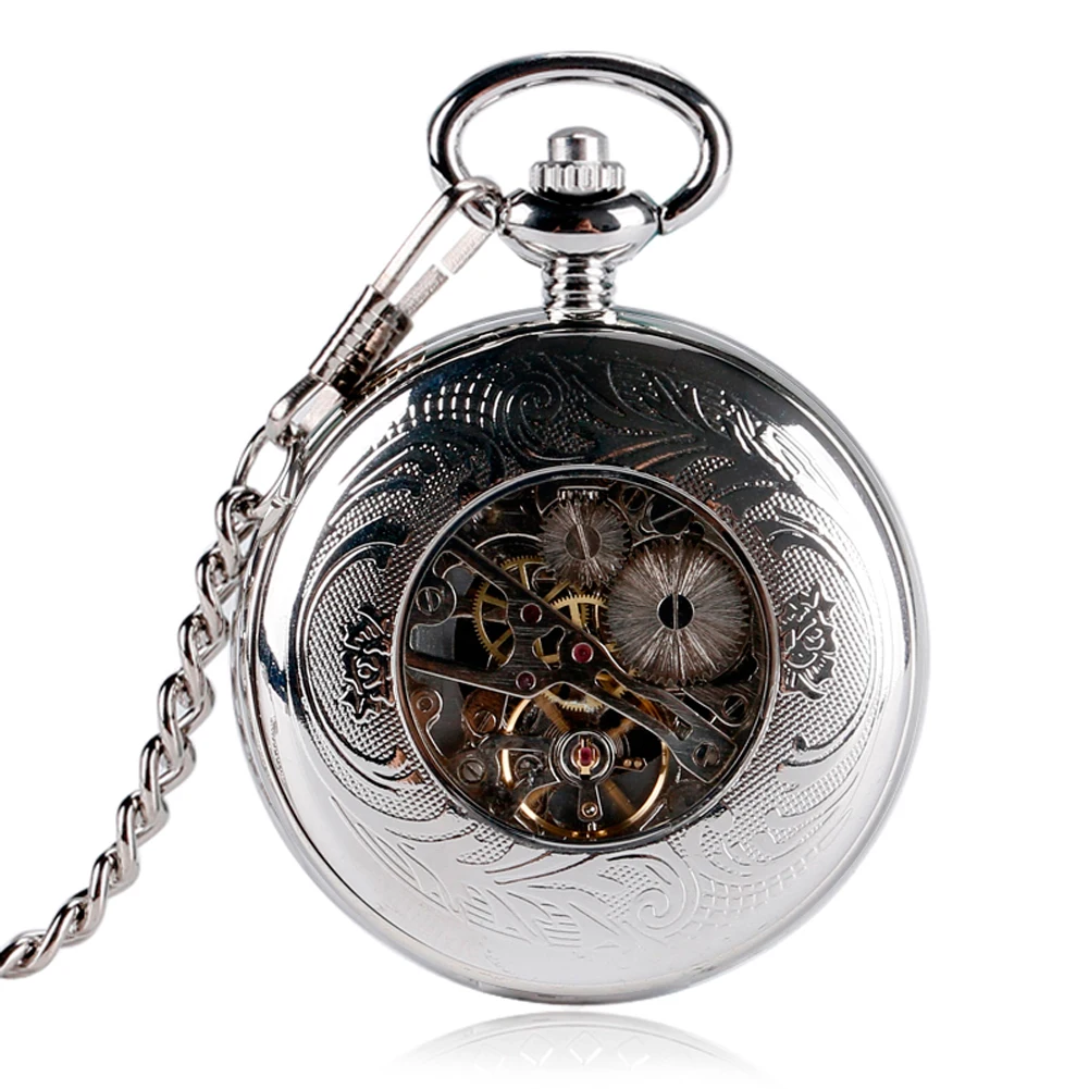 Vintage Elegant Silver Manual Mechanical Pocket Watch Men's Fob Chain Arabic Numerals Dial Pendant Pocket Clock Retro Gift Male