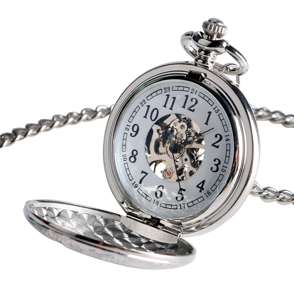 Vintage Elegant Silver Manual Mechanical Pocket Watch Men's Fob Chain Arabic Numerals Dial Pendant Pocket Clock Retro Gift Male