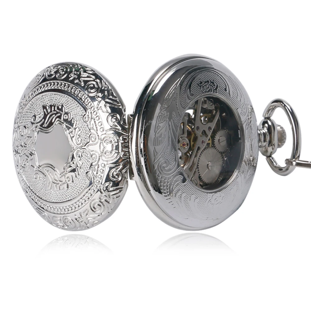 Vintage Elegant Silver Manual Mechanical Pocket Watch Men's Fob Chain Arabic Numerals Dial Pendant Pocket Clock Retro Gift Male