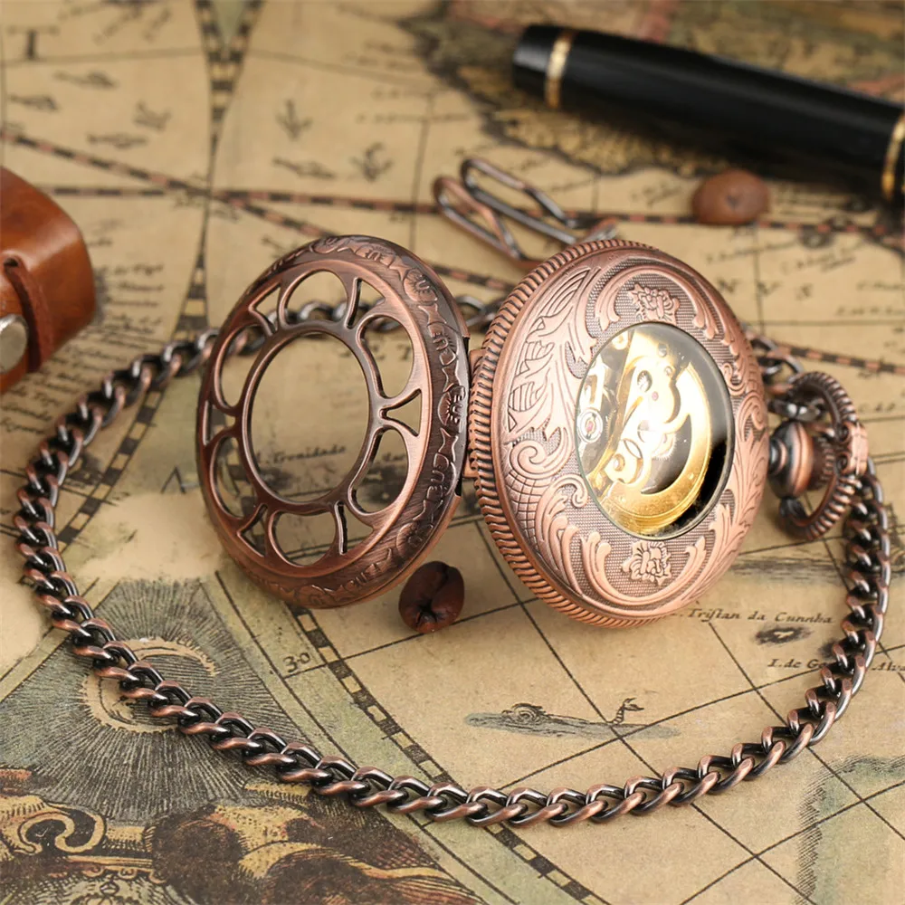 Rose Gold/Black Pumpkin Flower Hollow Mechanical Pocket Watch Roman Numerals Display Luxury Pendant Pocket Clock Gift with Chain