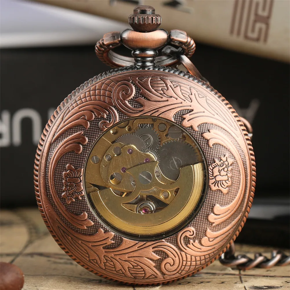 Rose Gold/Black Pumpkin Flower Hollow Mechanical Pocket Watch Roman Numerals Display Luxury Pendant Pocket Clock Gift with Chain