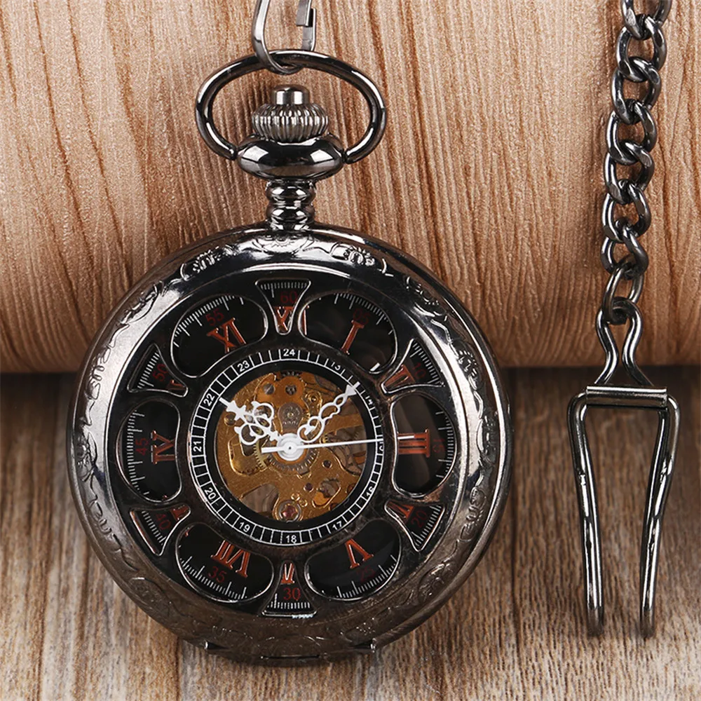Rose Gold/Black Pumpkin Flower Hollow Mechanical Pocket Watch Roman Numerals Display Luxury Pendant Pocket Clock Gift with Chain