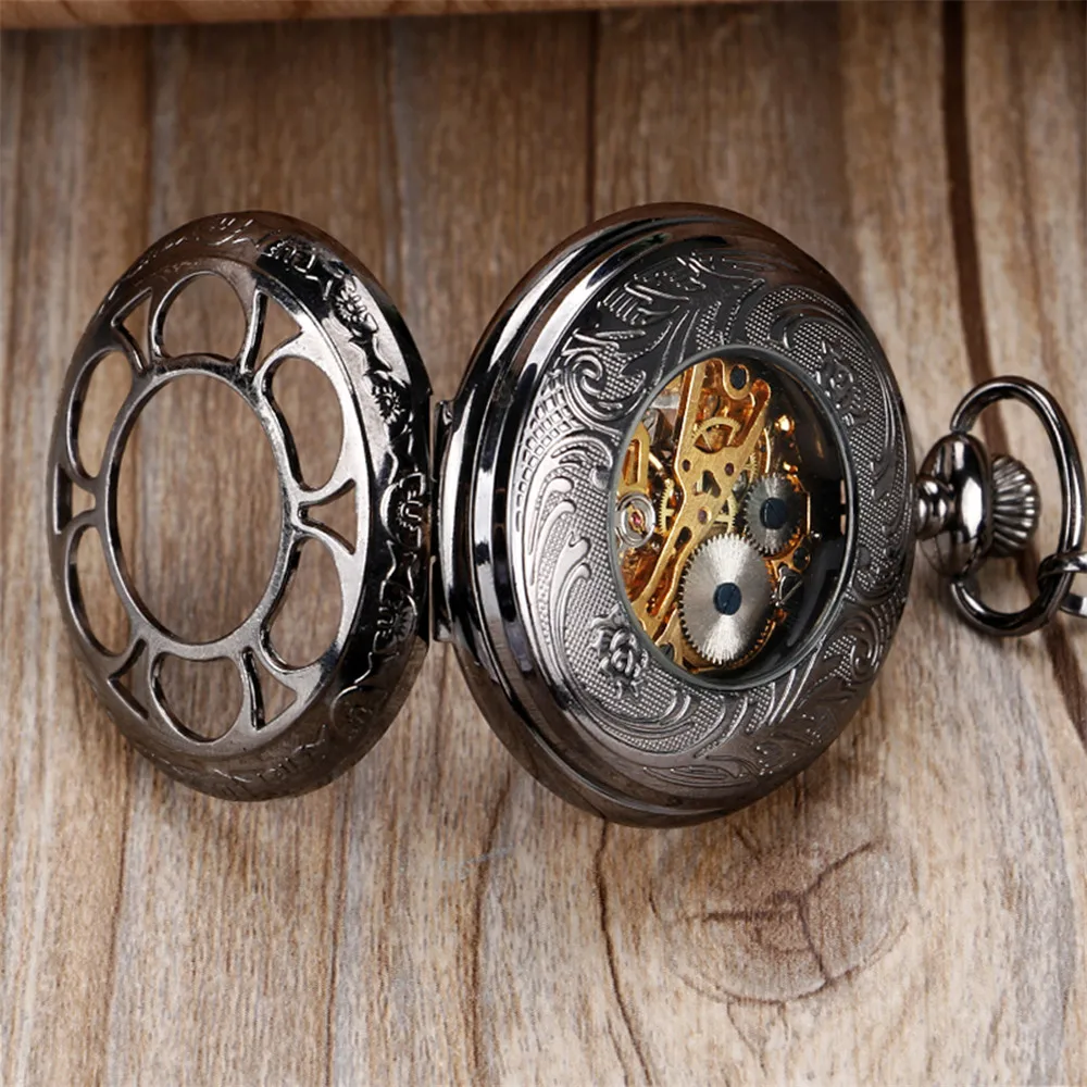 Rose Gold/Black Pumpkin Flower Hollow Mechanical Pocket Watch Roman Numerals Display Luxury Pendant Pocket Clock Gift with Chain