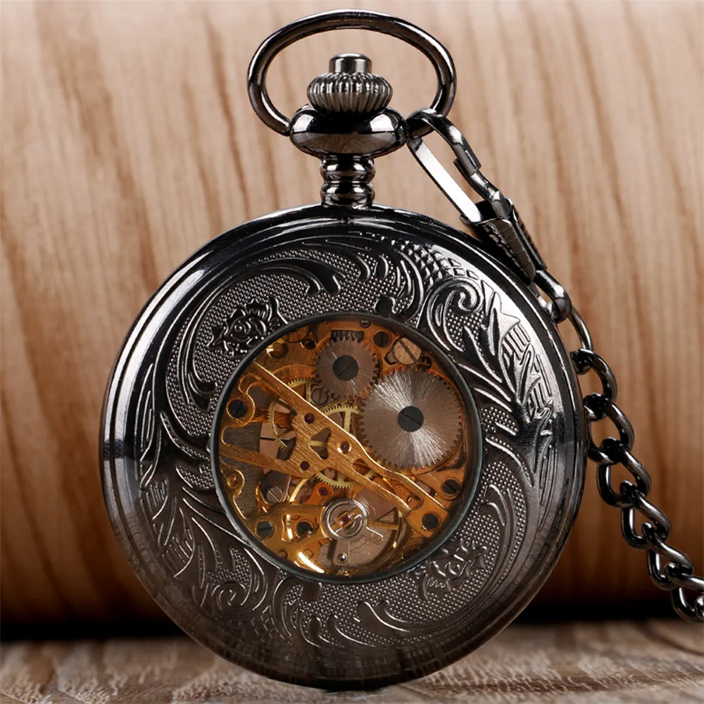 Rose Gold/Black Pumpkin Flower Hollow Mechanical Pocket Watch Roman Numerals Display Luxury Pendant Pocket Clock Gift with Chain