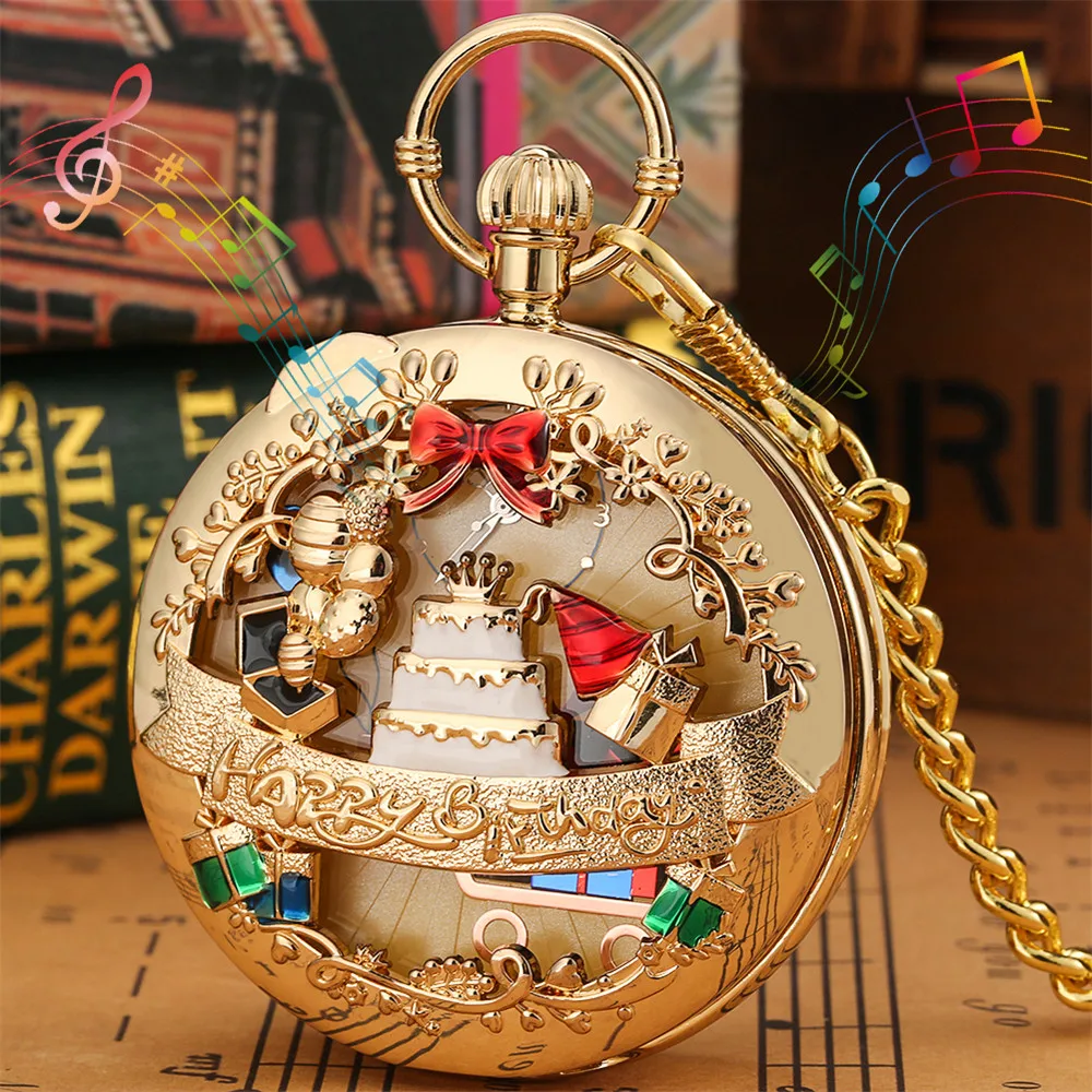 Happy Birthday Melody Musical Quartz Pocket Watch Silver/Gold/Rose Gold Music Pendant Pocket Timepiece Gifts Men Women Kids