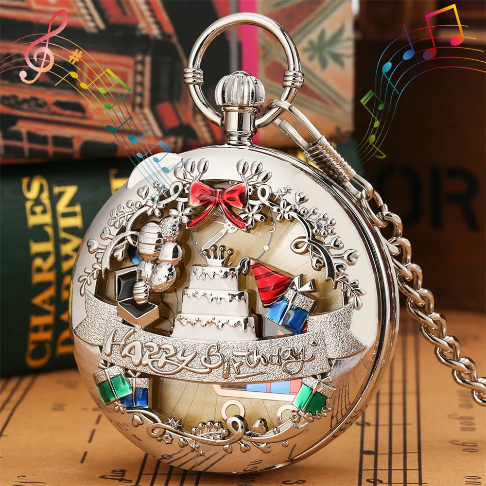 Happy Birthday Melody Musical Quartz Pocket Watch Silver/Gold/Rose Gold Music Pendant Pocket Timepiece Gifts Men Women Kids