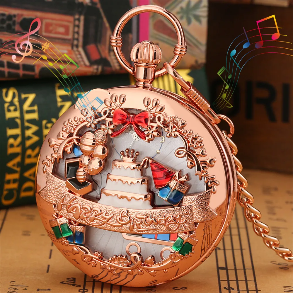 Happy Birthday Melody Musical Quartz Pocket Watch Silver/Gold/Rose Gold Music Pendant Pocket Timepiece Gifts Men Women Kids