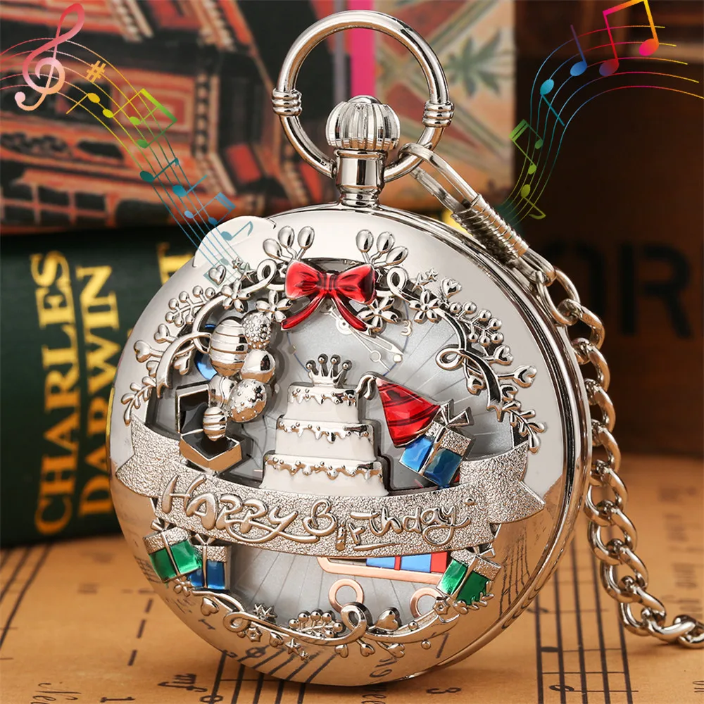 Happy Birthday Melody Musical Quartz Pocket Watch Silver/Gold/Rose Gold Music Pendant Pocket Timepiece Gifts Men Women Kids