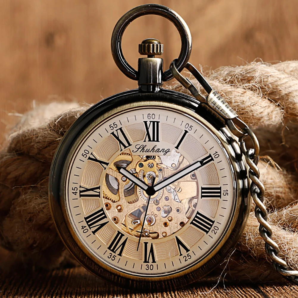 SHUHANG Pocket Watches with Fob Chain Luxury Antique Style Auto Mechanical Nursing Clock Self Winding Pendant Relogio De Bolso