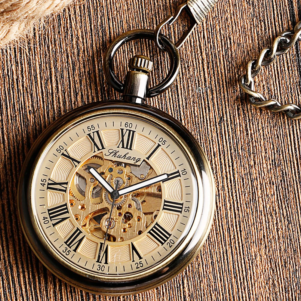 SHUHANG Pocket Watches with Fob Chain Luxury Antique Style Auto Mechanical Nursing Clock Self Winding Pendant Relogio De Bolso