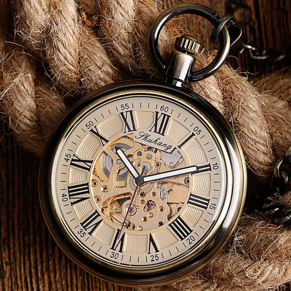 SHUHANG Pocket Watches with Fob Chain Luxury Antique Style Auto Mechanical Nursing Clock Self Winding Pendant Relogio De Bolso