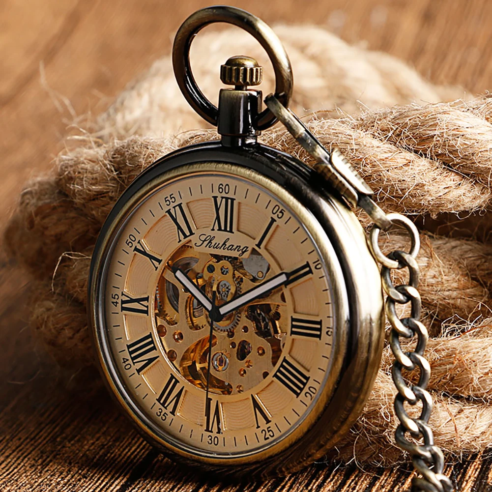 SHUHANG Pocket Watches with Fob Chain Luxury Antique Style Auto Mechanical Nursing Clock Self Winding Pendant Relogio De Bolso