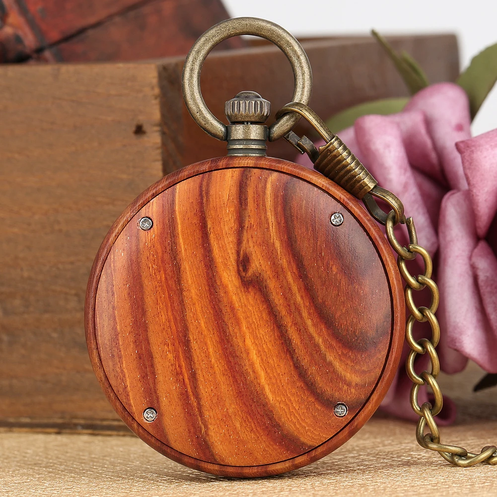 Vintage Fashion Wooden Quartz Pocket Watch Bronze Chain Pendant Pocket Timepiece Gift Male