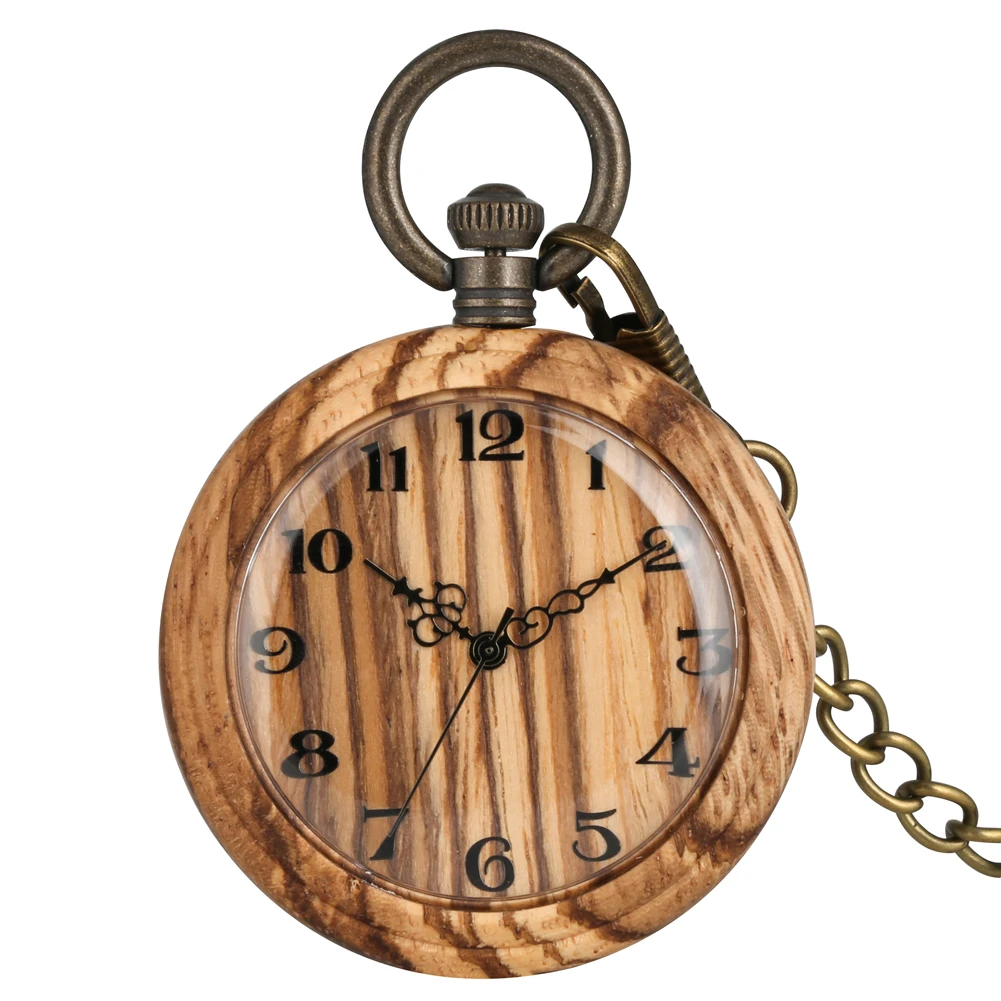 Vintage Fashion Wooden Quartz Pocket Watch Bronze Chain Pendant Pocket Timepiece Gift Male