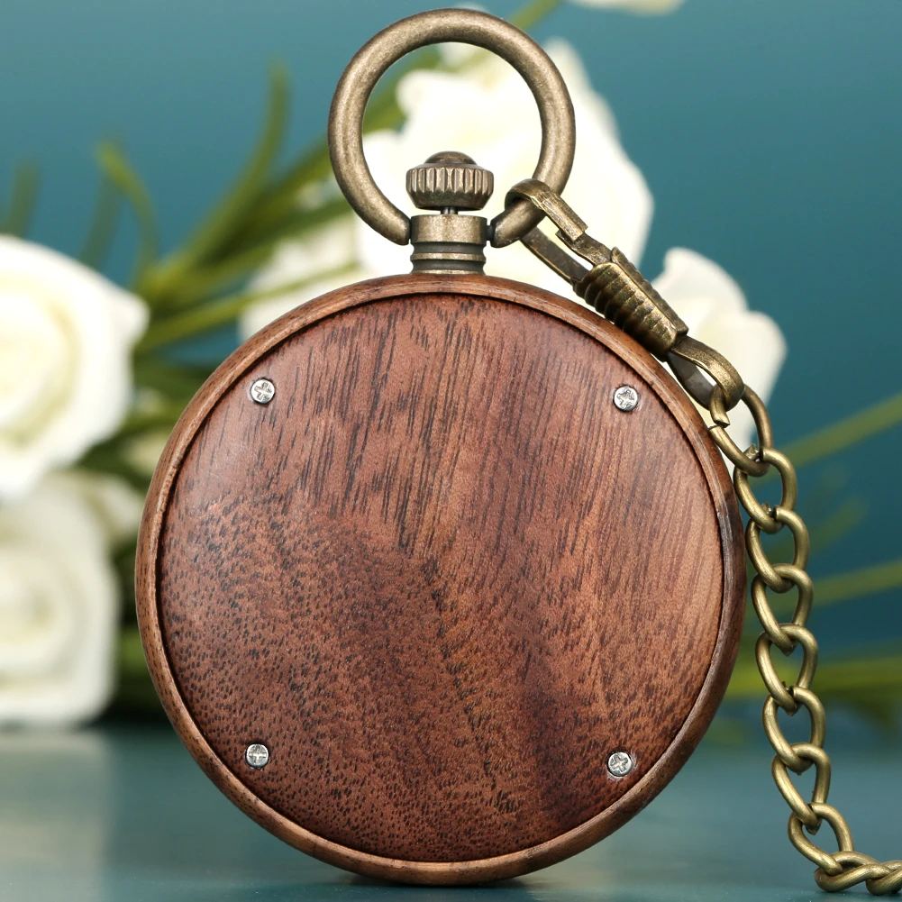Vintage Fashion Wooden Quartz Pocket Watch Bronze Chain Pendant Pocket Timepiece Gift Male