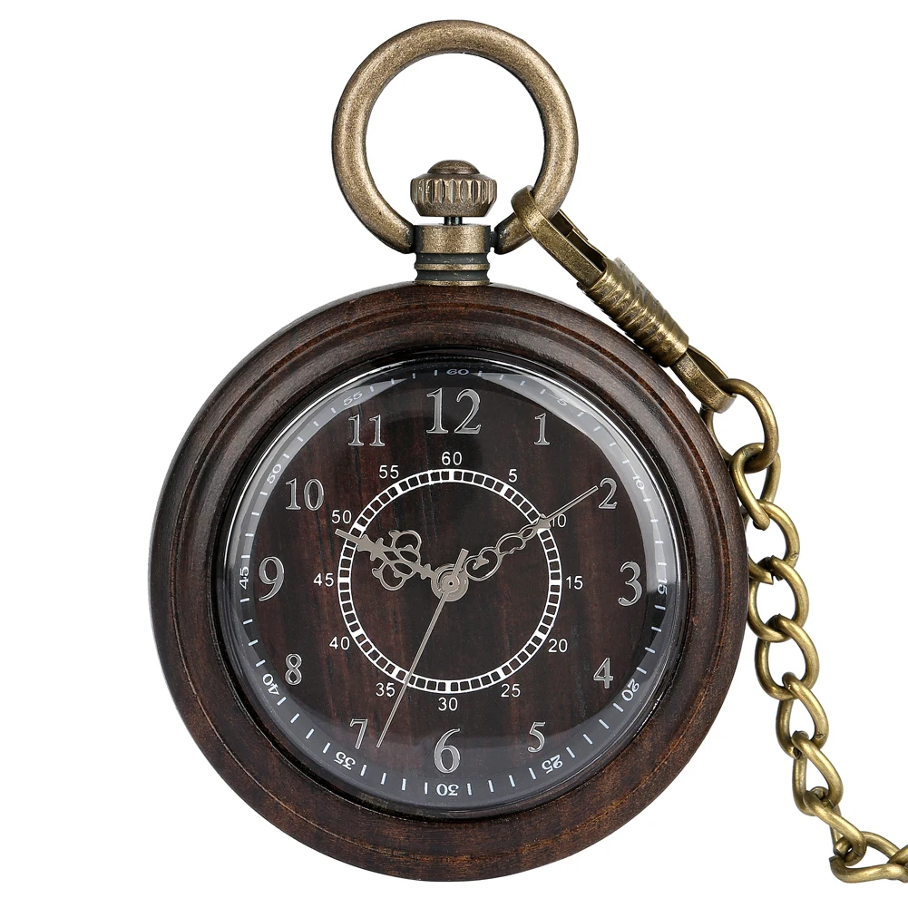 Vintage Fashion Wooden Quartz Pocket Watch Bronze Chain Pendant Pocket Timepiece Gift Male
