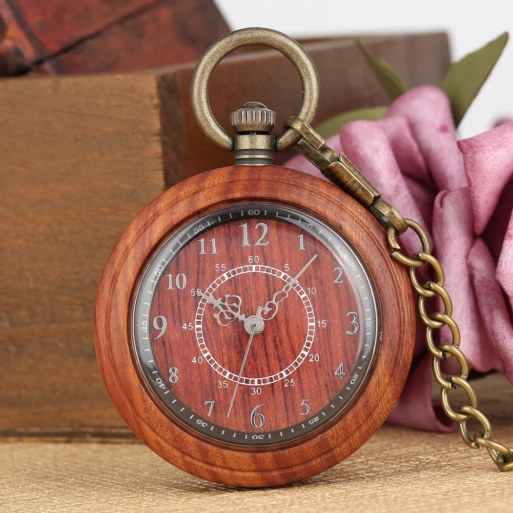 Vintage Fashion Wooden Quartz Pocket Watch Bronze Chain Pendant Pocket Timepiece Gift Male