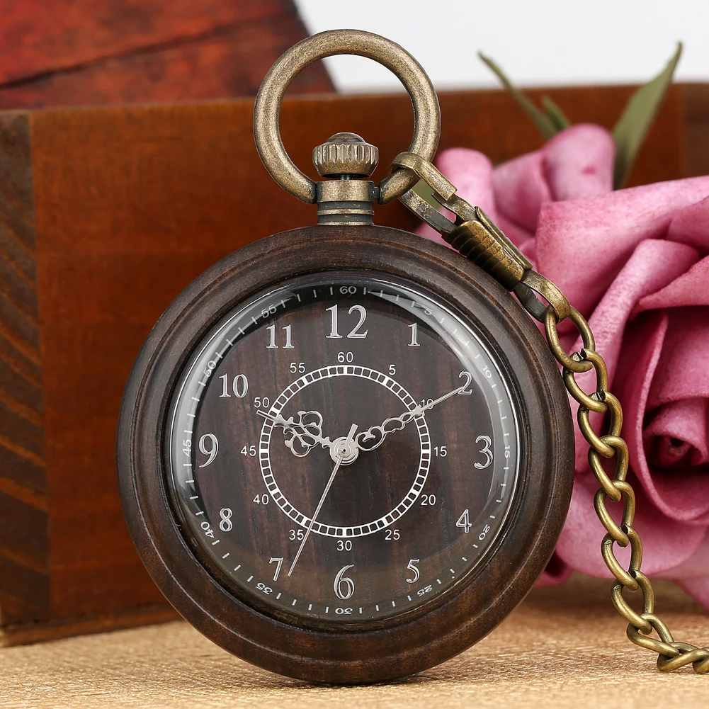 Vintage Fashion Wooden Quartz Pocket Watch Bronze Chain Pendant Pocket Timepiece Gift Male