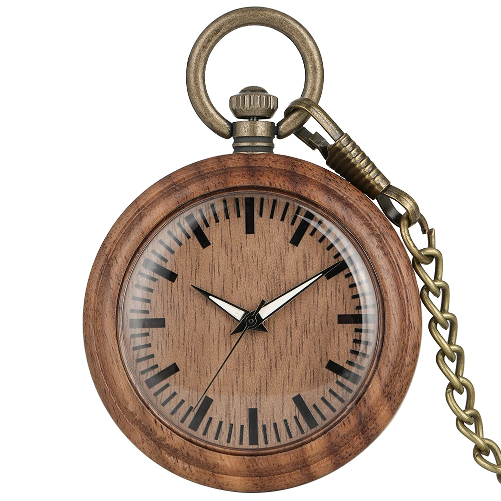 Vintage Fashion Wooden Quartz Pocket Watch Bronze Chain Pendant Pocket Timepiece Gift Male