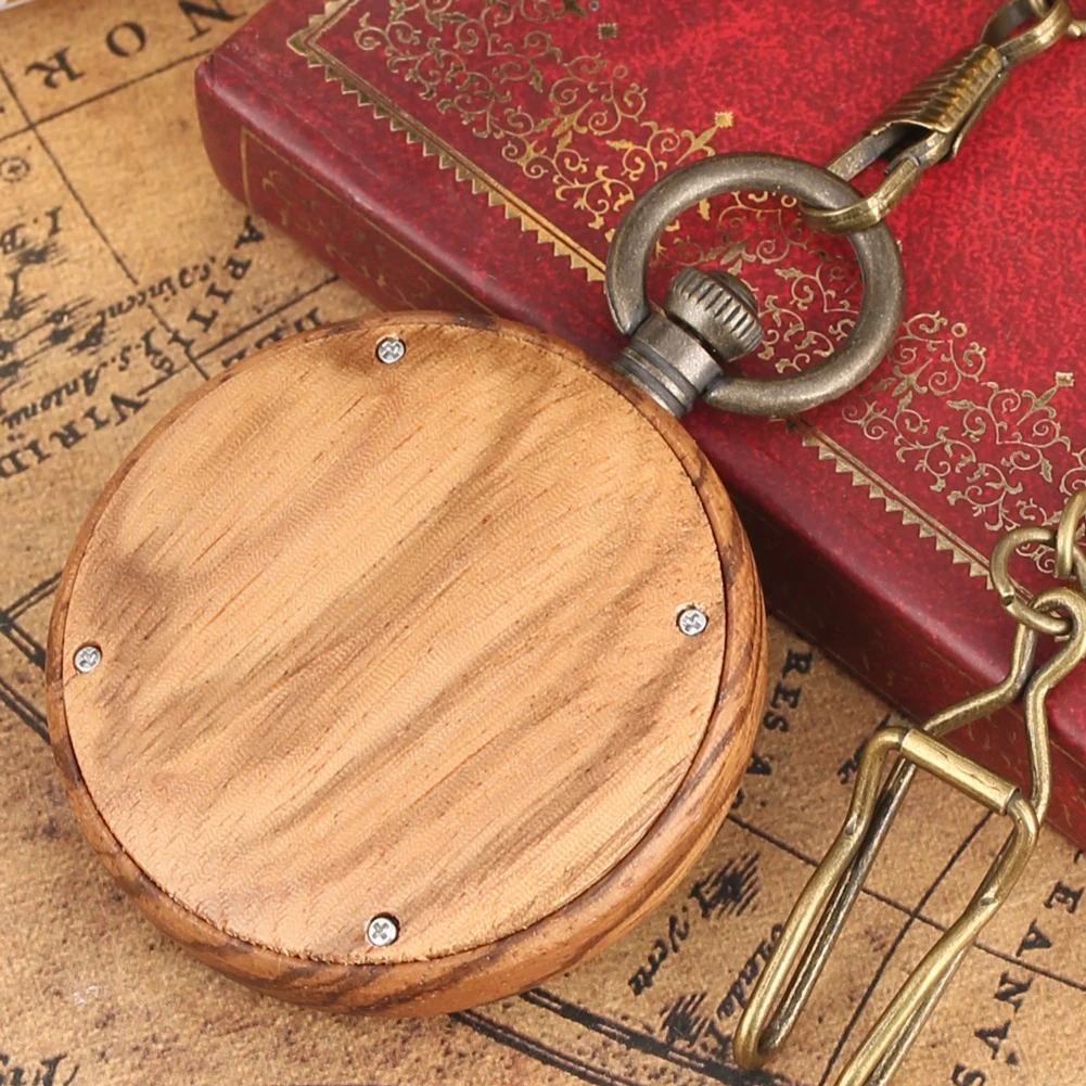 Vintage Fashion Wooden Quartz Pocket Watch Bronze Chain Pendant Pocket Timepiece Gift Male