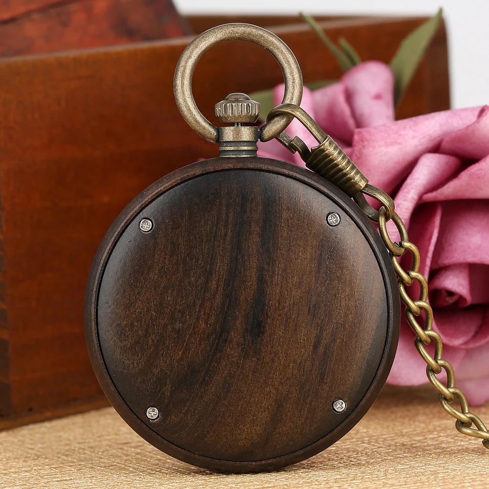 Vintage Fashion Wooden Quartz Pocket Watch Bronze Chain Pendant Pocket Timepiece Gift Male