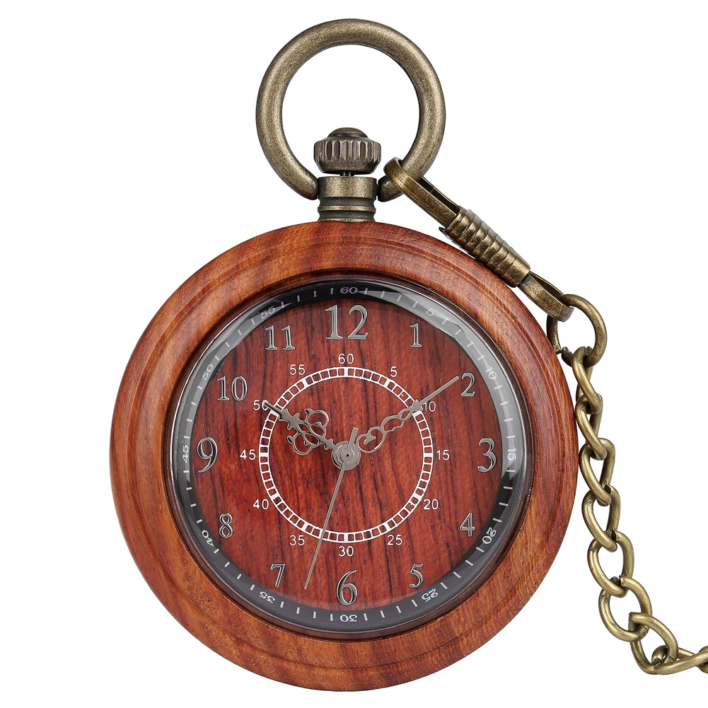 Vintage Fashion Wooden Quartz Pocket Watch Bronze Chain Pendant Pocket Timepiece Gift Male