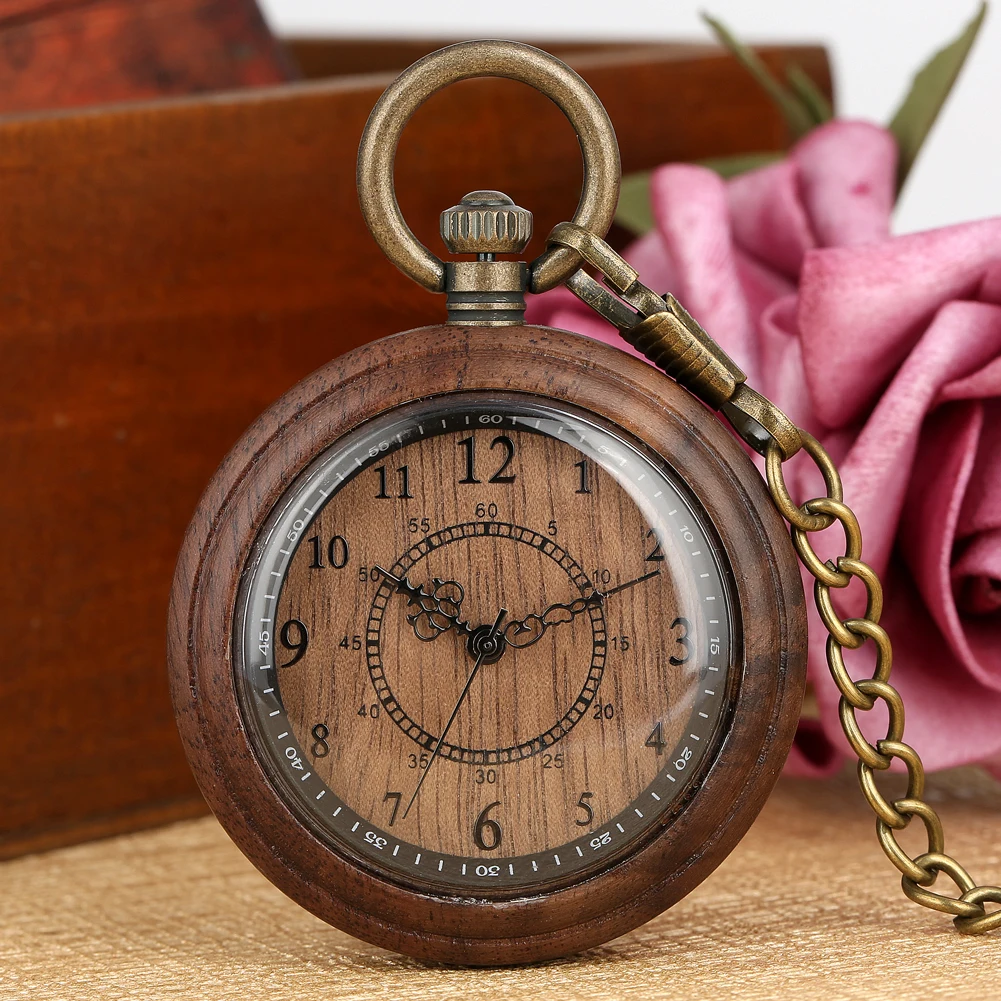 Vintage Fashion Wooden Quartz Pocket Watch Bronze Chain Pendant Pocket Timepiece Gift Male