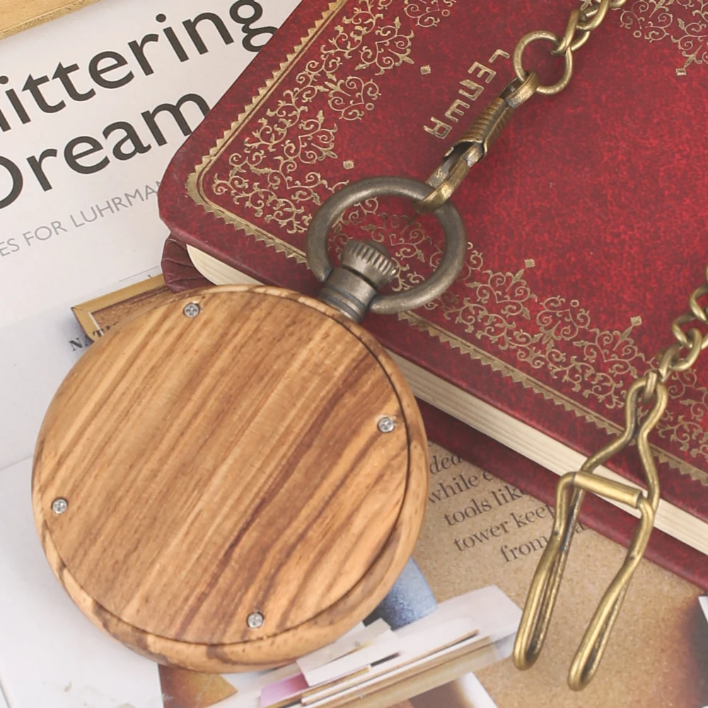Vintage Fashion Wooden Quartz Pocket Watch Bronze Chain Pendant Pocket Timepiece Gift Male