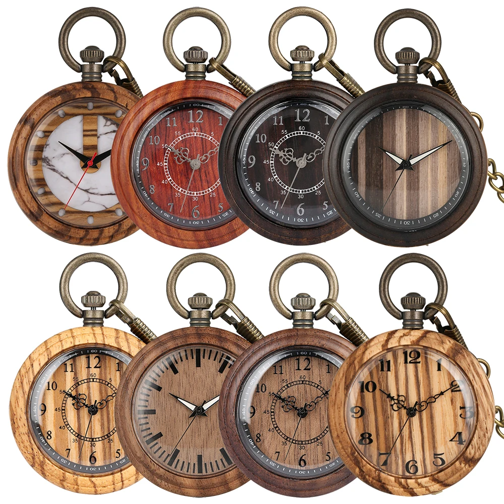 Vintage Fashion Wooden Quartz Pocket Watch Bronze Chain Pendant Pocket Timepiece Gift Male
