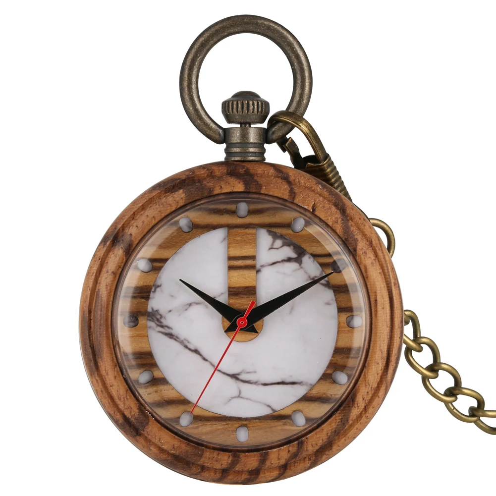Vintage Fashion Wooden Quartz Pocket Watch Bronze Chain Pendant Pocket Timepiece Gift Male