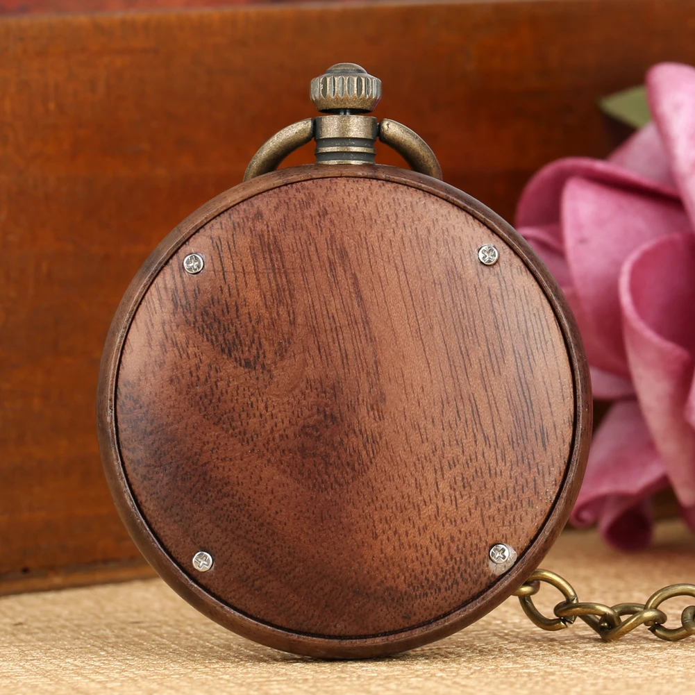 Vintage Fashion Wooden Quartz Pocket Watch Bronze Chain Pendant Pocket Timepiece Gift Male