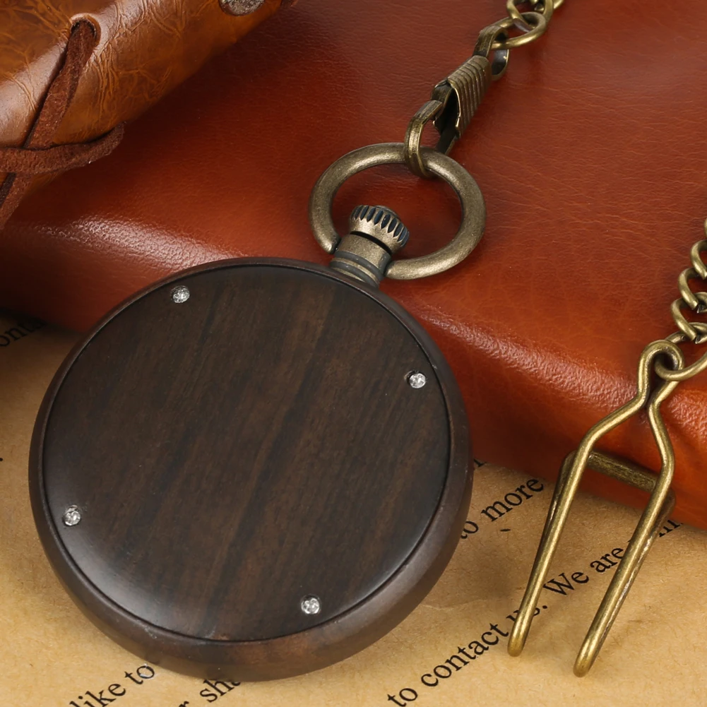 Vintage Fashion Wooden Quartz Pocket Watch Bronze Chain Pendant Pocket Timepiece Gift Male