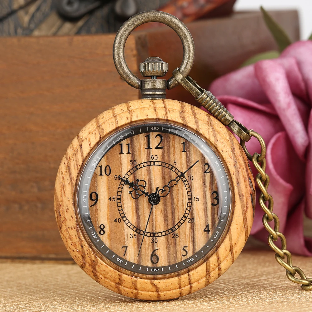 Vintage Fashion Wooden Quartz Pocket Watch Bronze Chain Pendant Pocket Timepiece Gift Male