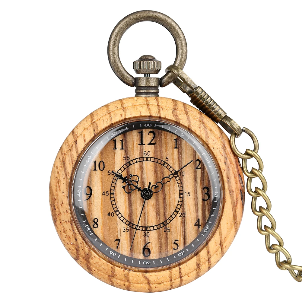 Vintage Fashion Wooden Quartz Pocket Watch Bronze Chain Pendant Pocket Timepiece Gift Male