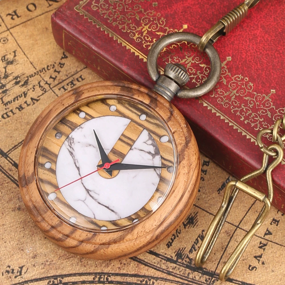 Vintage Fashion Wooden Quartz Pocket Watch Bronze Chain Pendant Pocket Timepiece Gift Male