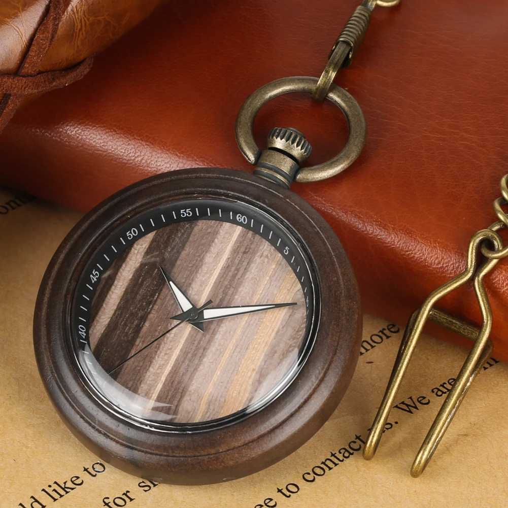 Vintage Fashion Wooden Quartz Pocket Watch Bronze Chain Pendant Pocket Timepiece Gift Male