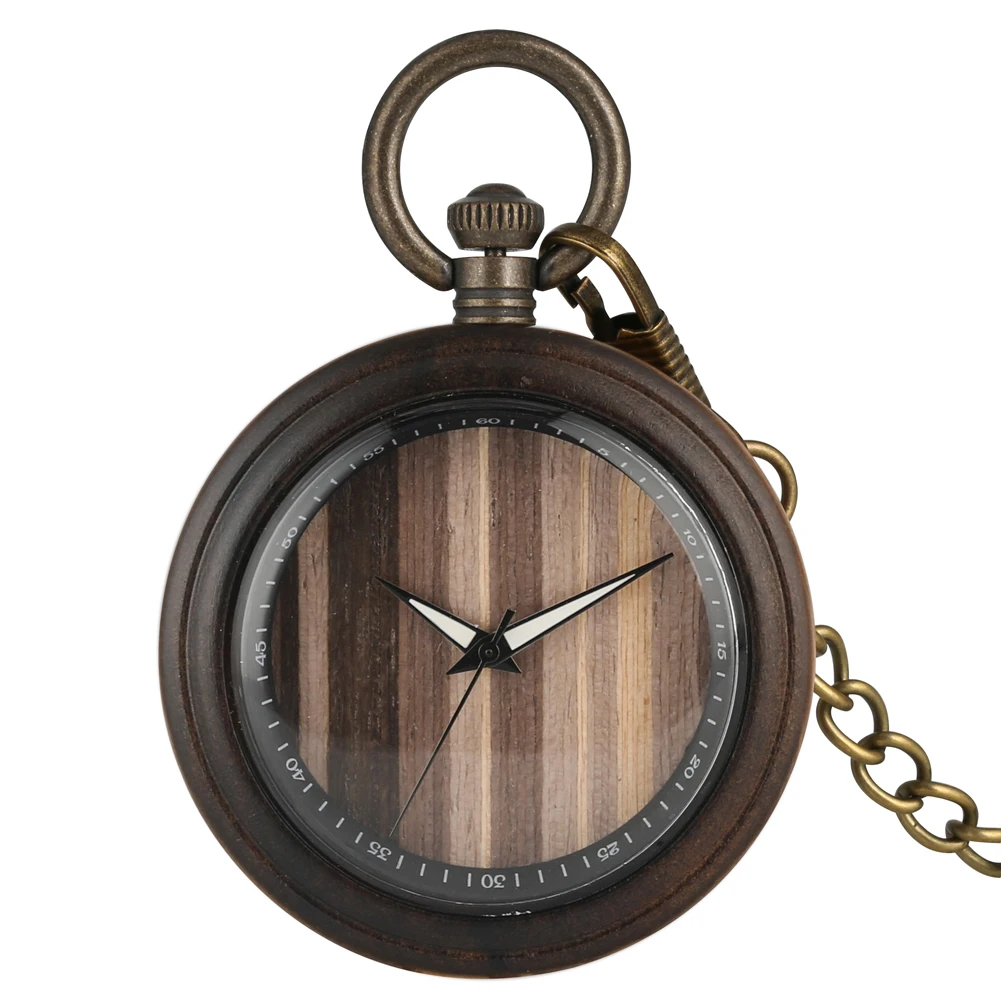 Vintage Fashion Wooden Quartz Pocket Watch Bronze Chain Pendant Pocket Timepiece Gift Male