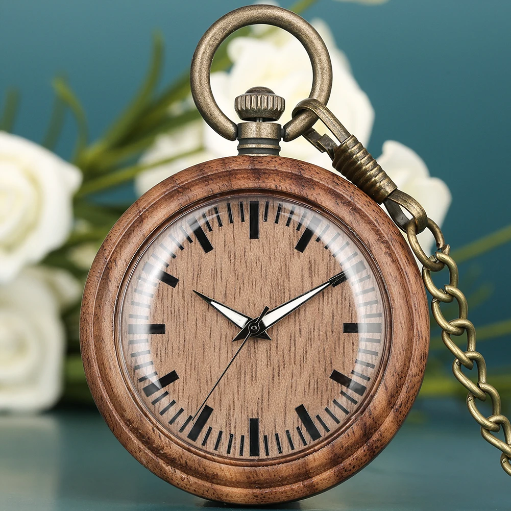 Vintage Fashion Wooden Quartz Pocket Watch Bronze Chain Pendant Pocket Timepiece Gift Male