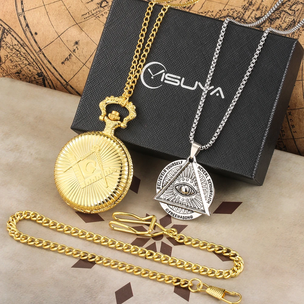 Masonic Pocket Watch Necklace Gift Set Quartz Arabic Numerals Dial Necklace Pocket Clock Freemasonry Pendant Chain Men Women