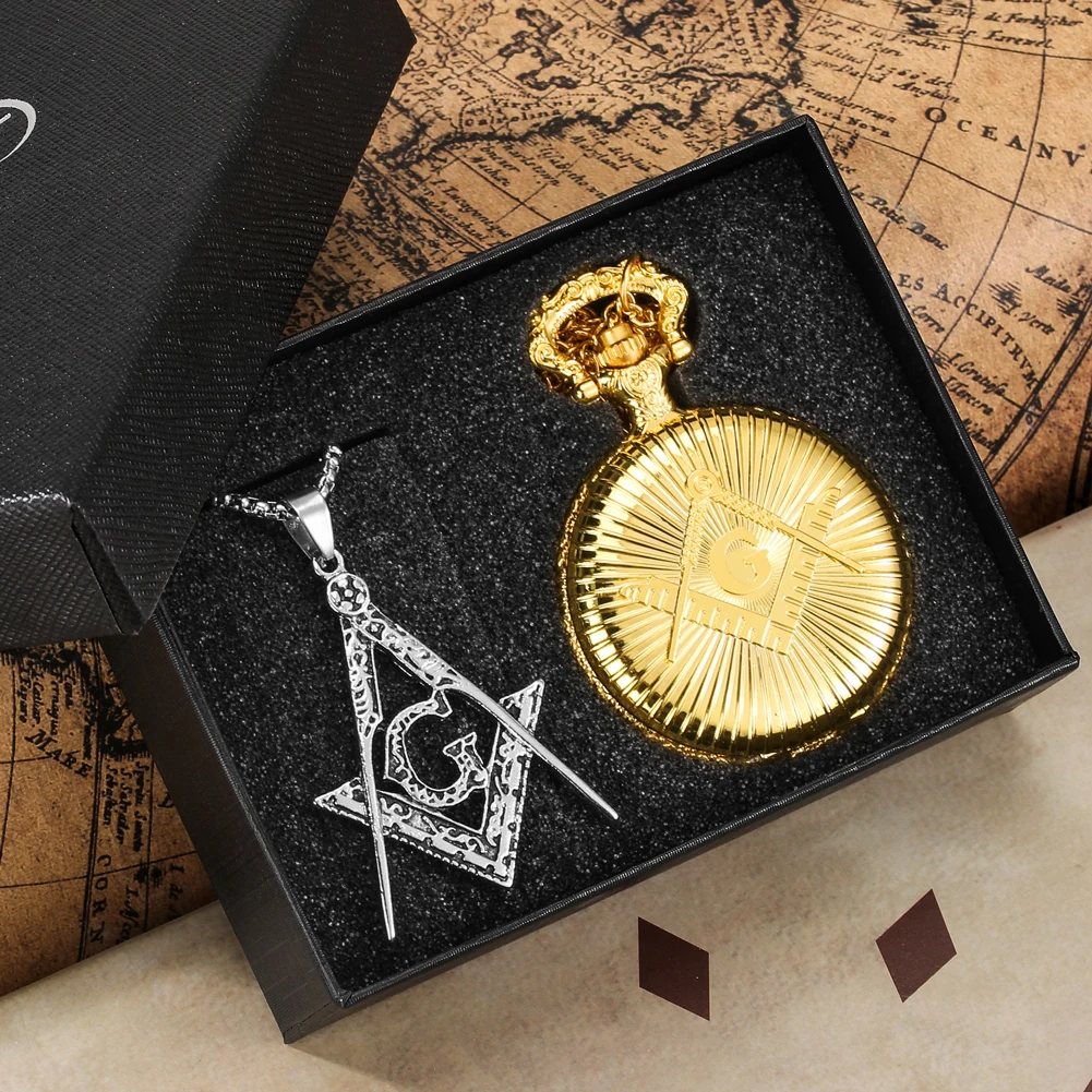 Masonic Pocket Watch Necklace Gift Set Quartz Arabic Numerals Dial Necklace Pocket Clock Freemasonry Pendant Chain Men Women